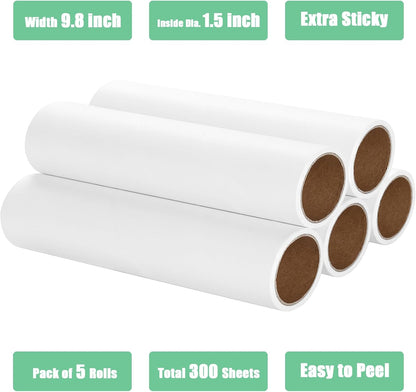 7.5 inch Lint Roller Refills Only, Pet Hair Remover Refills for Clothes Carpet Floor Couch, Extra Sticky Lint Brush Roller Refills, Pack of 5 Rolls, Total 300 Sheets (7.5'' Wide)