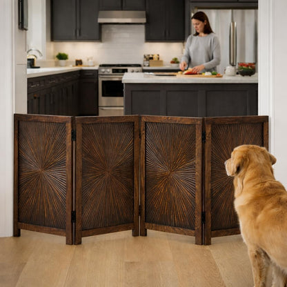 Freestanding Pet Gate for Dogs, Foldable Wooden Dog Gate for House, Indoor Dog Gate for Stair, Doorway, House Design Gates for Dogs Indoor, 72 Inch Wide, (18" x4 Panels 72 inch), Burnt Finish