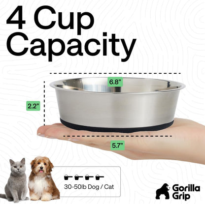 GORILLA GRIP Dog Bowls, Food Grade 304 Stainless Steel, Holds 2 Cups Each (16 fl oz) Food and Water Bowl for Feeding Dogs and Cats, Dishwasher Safe, Rust Resistant, BPA Free Rubber Base Set of 2 Black