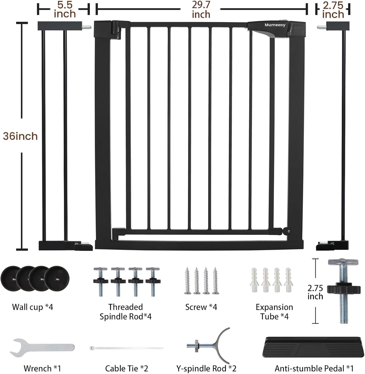 Mumeasy 36" High Extra Tall Dog Gate, 29.6"-40.5" Wide Pressure Mounted Tall Baby Gate for Dog, Auto Close Pet Gate with Door for Stairs,Doorways,House,Black