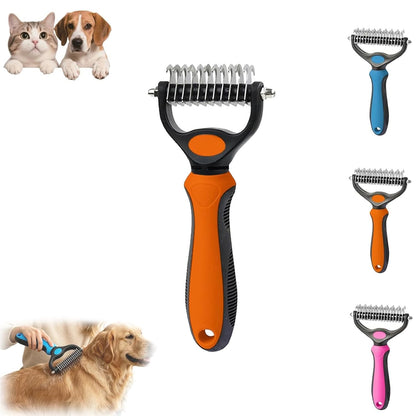 Pet Pro Grooming Tool, 2-in-1 Deshedding Dog Brush with 9/17 Teeth Undercoat Rake for Dogs & Cats, Dual-Sided Stainless Steel Pet Comb for Long Hair & Thick Coats, Non-Slip Ergonomic Handle (Pink-L)