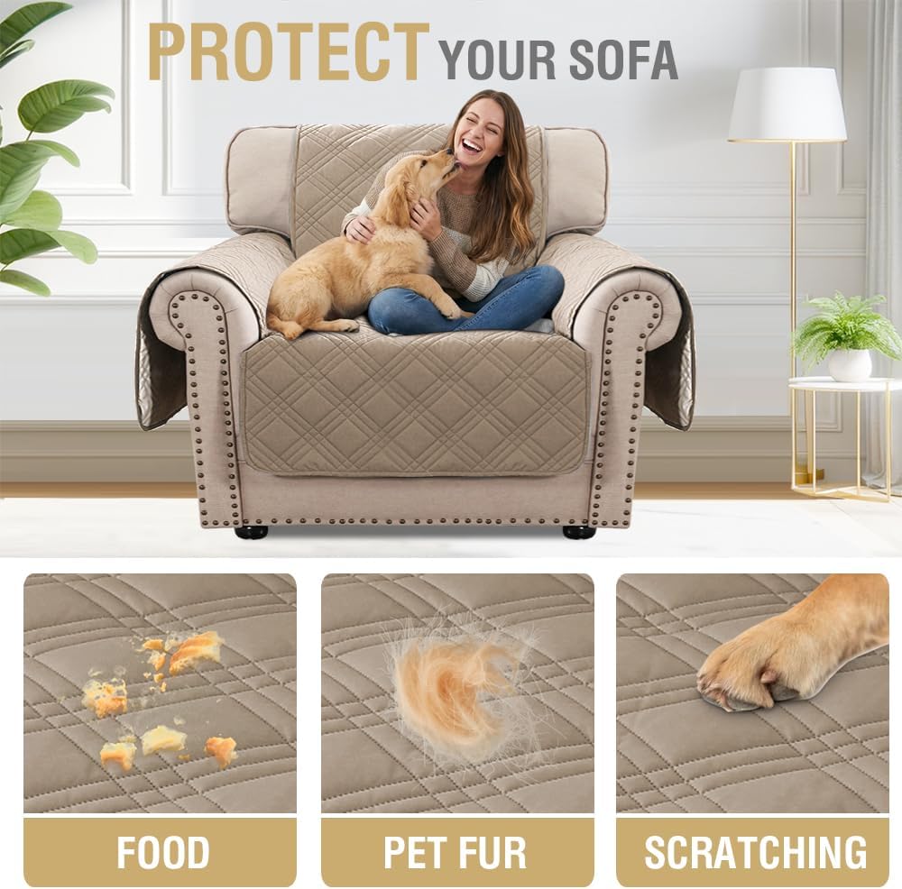 H.VERSAILTEX 100% Waterproof Slipcovers for Couches and Sofas Modern Pet Couch Cover Thick Soft Furniture Protector with Elastic Straps(Sofa, Lily Pad/Beige)