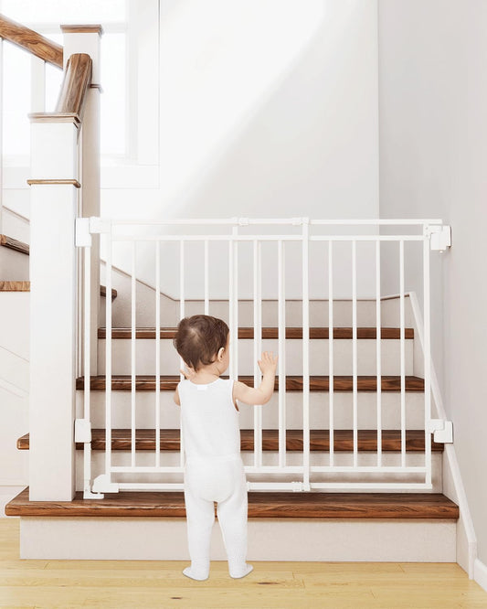 Miumoon 29-43" No Bottom Bar Baby Gate for Stairs, 2-in-1 Auto Close Dog Gate Indoor with Large Walk Thru Door, Hardware Mount Pet Gate for Top and Bottom Stairs (White, 26.5-43" W x 29" H)