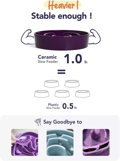 LE TAUCI Dog Bowls Slow Feeder Ceramic, 1.5 Cup Slow Feeding Bowl for Small and Medium Breed, Puzzle Dog Food Bowl for Fast Eater, Maze Purple
