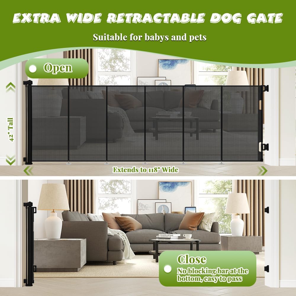 47" Extra Tall Retractable Baby Gates, Extends to 71" Wide, ExtraTall Retractable Safety Gate with Reinforced Strips, Retractable Tall Dog Gates for Doorways Mesh Baby Pet Gates Indoor, Grey