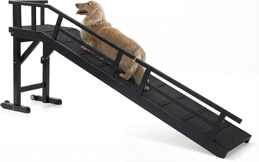 Dog Ramp for Bed or Couch, Wooden Pet Ramp with 20° Gentle Slope, Removable Side Rails, Non-Slip Surface, Top Platform & Wheels, Safe Bed Ramp for Small, Large & Senior Dogs, 60" Long, Mahogany