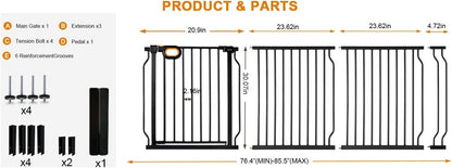 Baby Gates Extra Wide for Large Opennings with Door Pressure Mounted 90.6-95.2 Inch Extra Wide Baby Gate Dog gate for Doorways Indoor Metal Gate No Drilling with Walk-Through Door,White