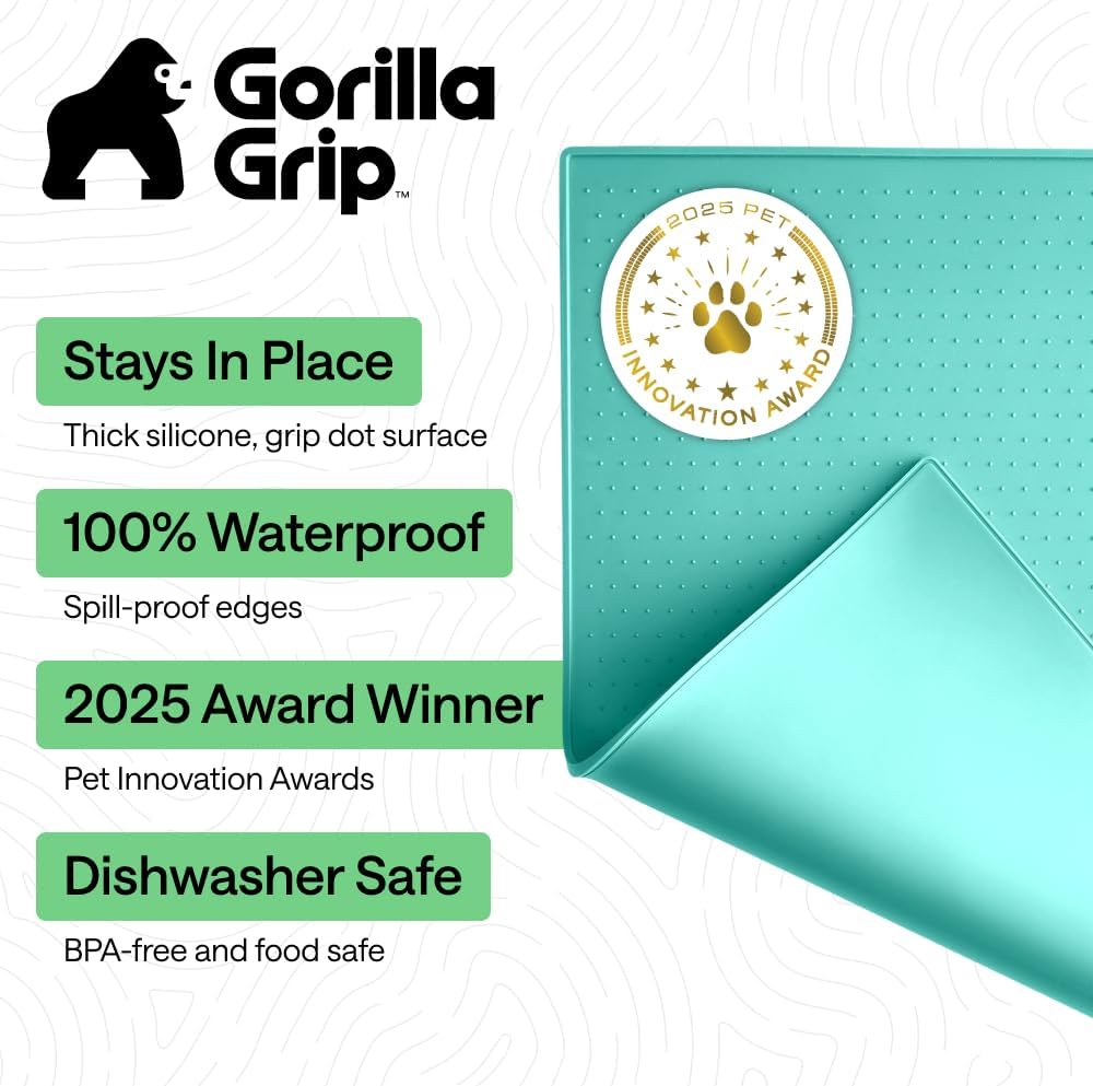 GORILLA GRIP 100% Waterproof Raised Edge BPA Free Silicone Pet Feeding Mat, Dog Cat Food Mats Contain Spills Protects Floors, Placemats for Cats and Dogs Water Bowl, 18.5x11.5, Gray