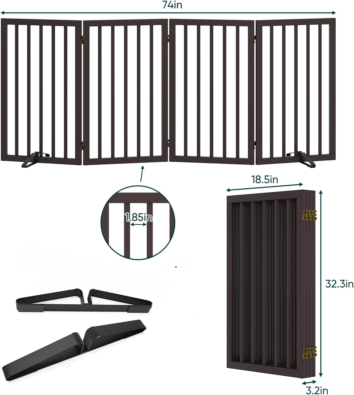 Freestanding Dog Gates Indoor, 3-Panel Pet Gates with 2 Metal Stands and 360° Hinge, 24" H Foldable Dog Gate for Stairs, Doorway, Kitchen, Expands Up to 55" Fully Assembled - Black Walnut
