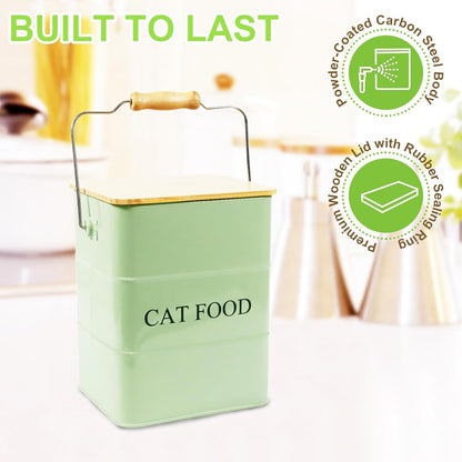 Dog Food storage container Dog Treats Jar,5~6 lb Metal food treats tin for Dog, pet snacks Canisters with wooden lid/handle/sevice scoop-Green