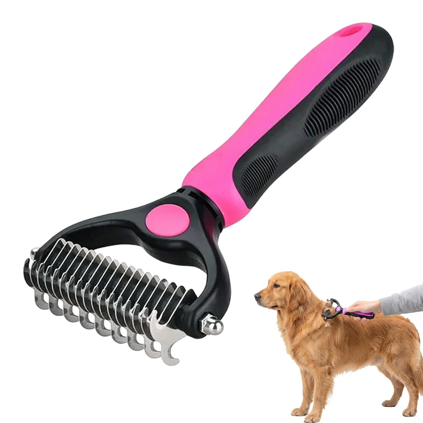 Sakerplus Pet Grooming Tool, Deshedding Dog Brush, 2-in-1 9/17 Teeth Undercoat Rake for Dogs and Cats, Stainless Steel Pet Grooming Brush for Long Hair, Thick Coats (Pink,large)