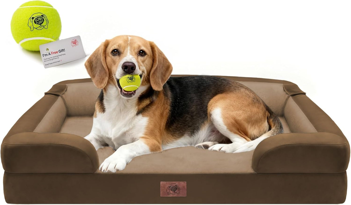 Extra Large Dog Bed, Orthopedic XL Washable Memory Foam Bed for Big Dogs Waterproof Pet Couch Sofa Bolster with Removable Cover, Non-Slip Bottom, Tennis Ball Toy, 42x30