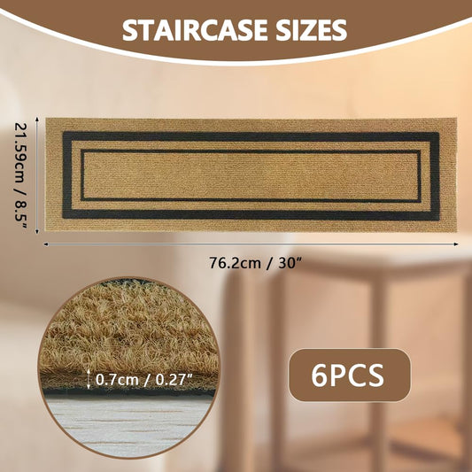 Outdoor Stair Treads for Wooden Steps, Non-Slip Rubber Brown Stair Runner Rugs, 6 Pcs 8.5" x 30" Heavy Duty Stair Mats for Outside Steps, Weatherproof Grip for Elders, Dogs & Kids, Black Border.