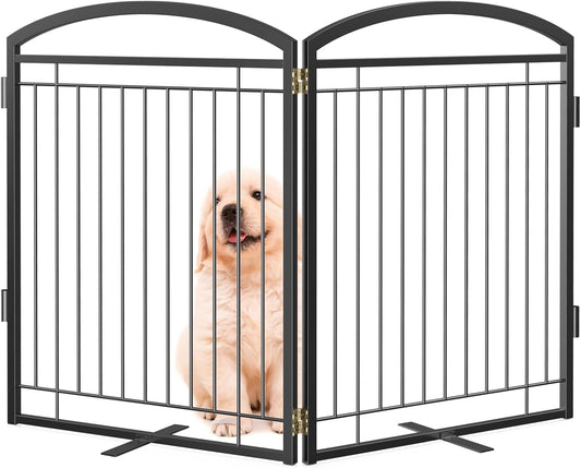 Full Metal Free Standing Dog Gate with Door for Indoor & Outdoor,96'' Extra Wide 32'' Tall Dog Gate for The Doorways,Large Openings,Decks,Porch,Pet Freestanding Safety Fence(4 Panels,Black)