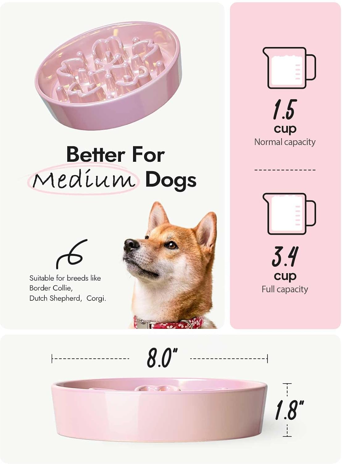 LE TAUCI Dog Bowls Slow Feeder Ceramic, 1.5 Cup Slow Feeding Bowl for Small and Medium Breed, Puzzle Dog Food Bowl for Fast Eater, Maze Purple