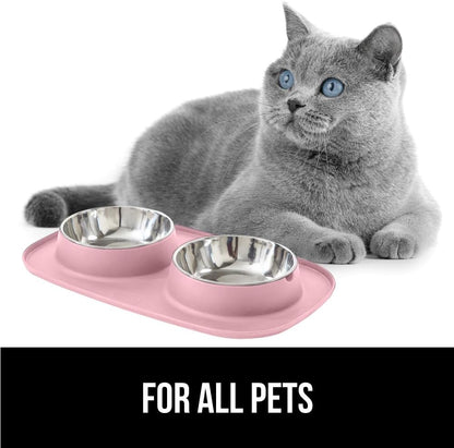 GORILLA GRIP Feeding Mat Set, Patent Pending 100% Waterproof BPA Free Silicone, Stainless Steel Cat and Dog Bowls, Slip Resistant, 1 Black mat/tray with 2 stainless steel bowls
