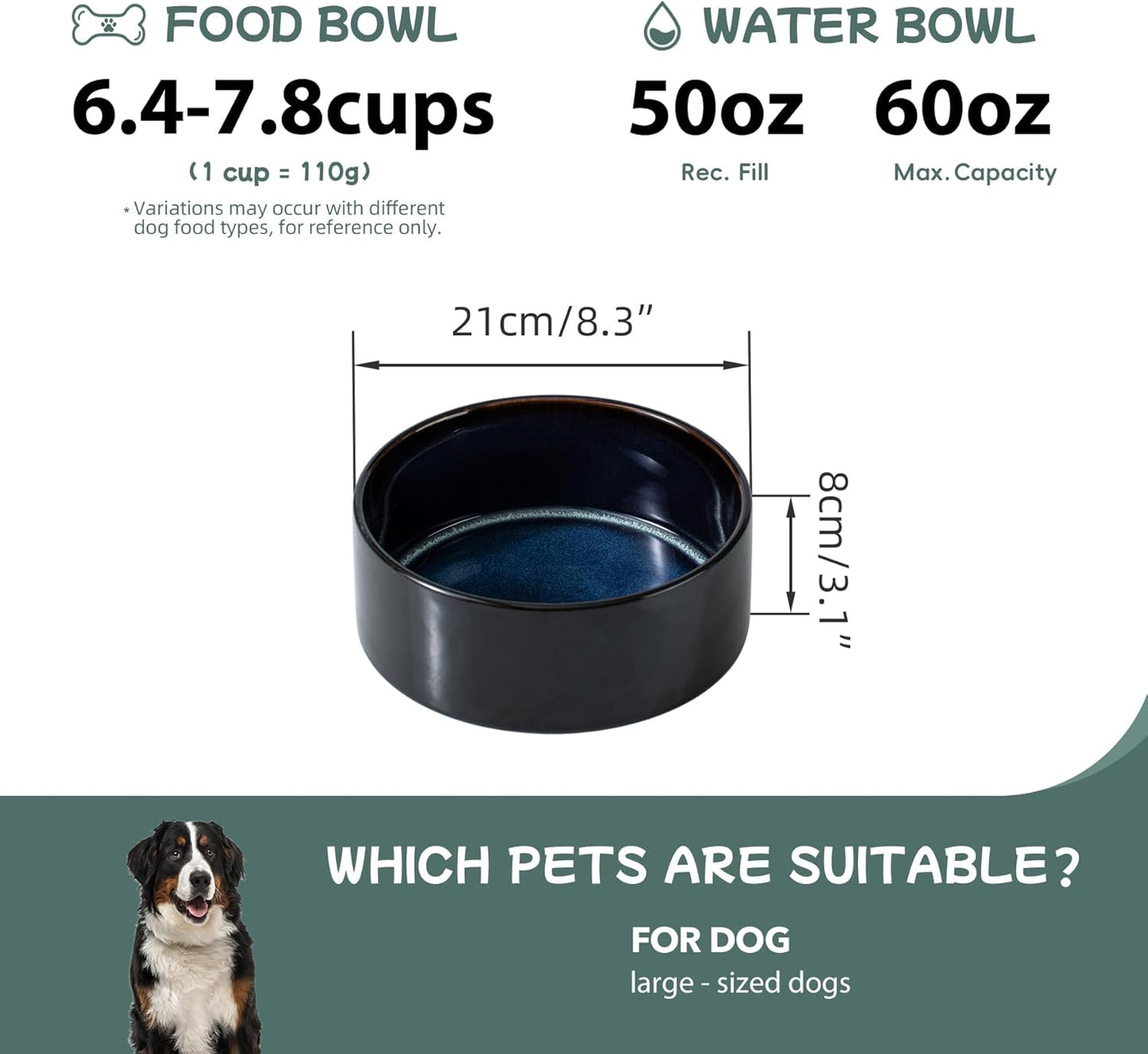 Havniva 8.3inch Ceramic Raised Dog Bowl with Stand, Elevated Dog Bowls for Large Breed Dog Food and Water Bowl Non-Slip Dog Dish Large Capacity Feeding Pet Water Bowl
