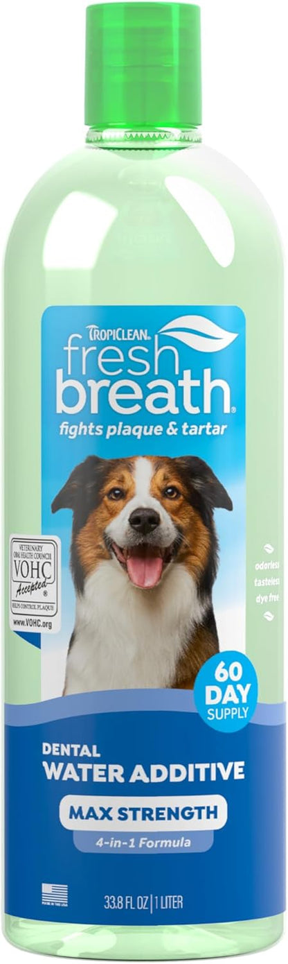TropiClean Fresh Breath Water Additive for Dogs, Dog Breath Freshener and Teeth Cleaning Solution, No Toothpaste or Toothbrush Required, 16oz.