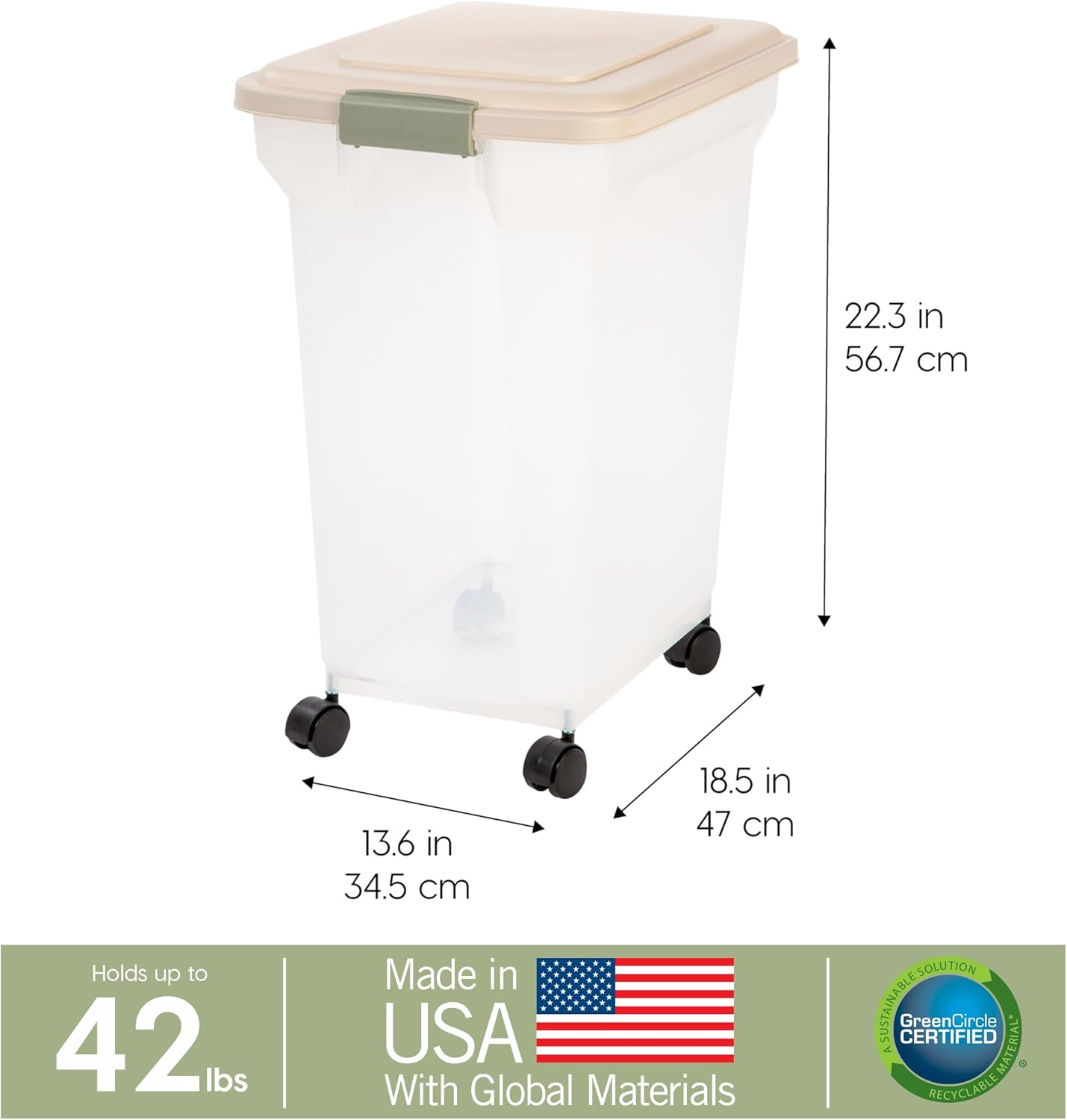 IRIS USA Airtight Dog Food Storage Container, WeatherPro, Up to 40 lbs, Removable Wheels, for Dog Cat Bird and Other Pet Food Storage Bin, Keep Fresh, Translucent Body, Made in USA, Smoke/Black