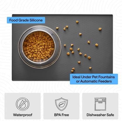 GORILLA GRIP 100% Waterproof Raised Edge BPA Free Silicone Pet Feeding Mat, Dog Cat Food Mats Contain Spills Protects Floors, Placemats for Cats and Dogs Water Bowl, 18.5x11.5, Gray