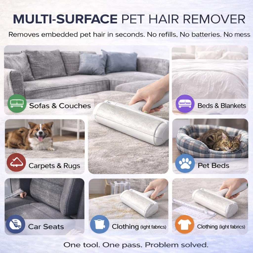 Reusable Pet Hair Remover Roller for Dogs and Cats – Reusable Lint Brush for Furniture, Couch, Carpet and Clothes – Self-Cleaning Hair Removal Tool for Sofa, Bed and Car Seats - Eco Friendly
