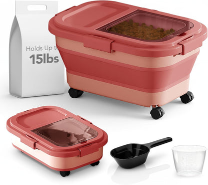 Summark 15 Lbs Dog/Cat Food Storage Container,Collapsible Food Storage Containers with Rolling Wheel Airtight Locking Lid,Pet Food Storage Container with Cup and Scoop,Grey