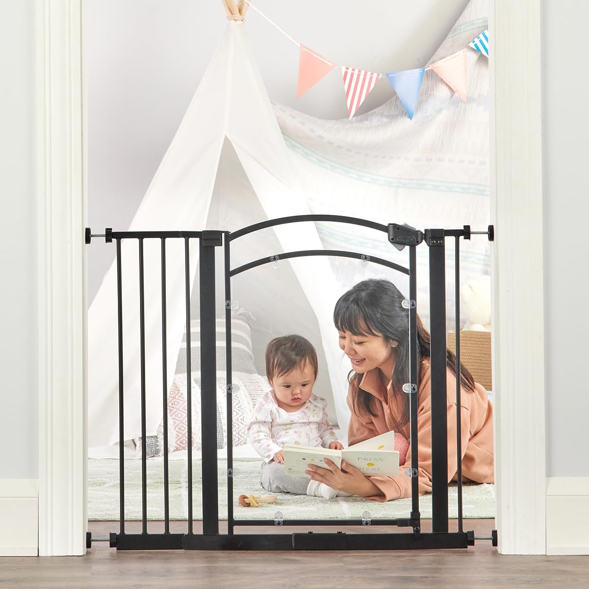 Regalo Safety 30.5-58" Extra Wide Arch Baby Gate with Door, Pressure Mount Walk Through Gate for Doorways & Bottom of Stairs, Babies, Toddlers & Pets, Tested & Safe, American Designed, American Owned