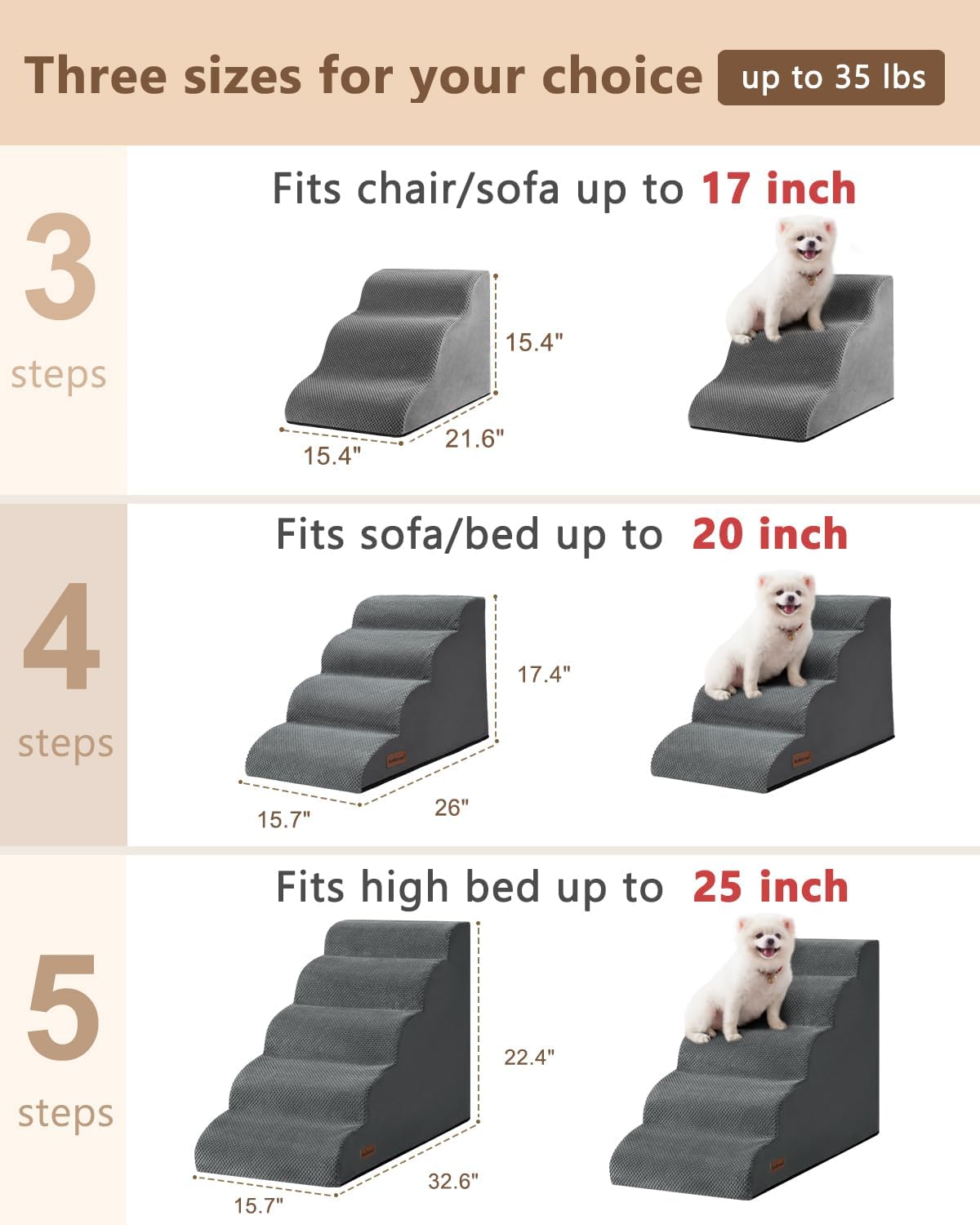 Aodisman Dog Stairs for Small Dogs,3 Step Dog Ramp for Couch and Bed,Pet Stairs with Non-Slip Bottom for Old Cats,Indoor Pet Steps,Comfort,Durable,15.4" H