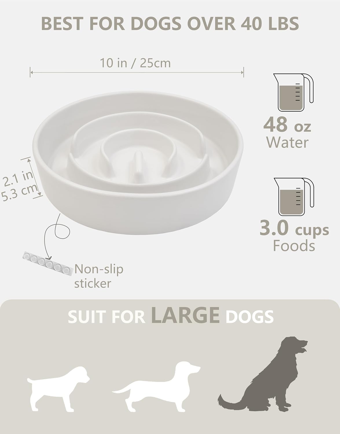 Ceramic Slow Feeder Dog Bowls, 2.0 Cups Slow Feeder for Medium Dogs, Puzzle Maze Bowl to Slow Down Eating, 30oz, 8in, White
