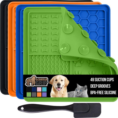 GORILLA GRIP BPA Free Silicone Lick Mat for Dogs, 49 Powerful Grip Suction Cups, Dishwasher and Freezer Safe Flexible Licking Pad for Dog Baths, Cat Grooming, Nail Trimming, Turquoise Pink Blue 3 Pack