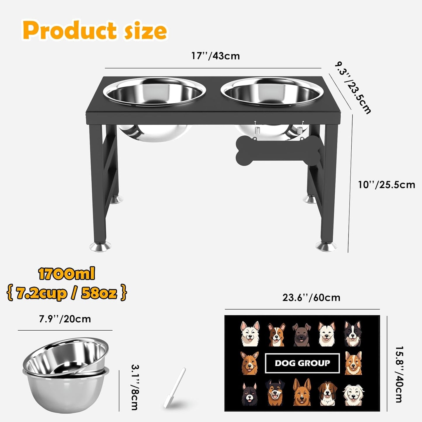 ADENGL Metal Raised Dog Bowl, 10" Tall Elevate Dog Feeder Stand with 2 Stainless Steel 42oz Bowls & 16x24 Non-Slip Mat – Stronger Dogs Food & Water Bowl Stand (Black)