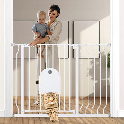 COMOMY 29.5-48.4" Baby Gate with Adjustable Cat Door,Extra Wide Metal Cat Gate for Stairs Doorways, Auto Close Dog Gate with Pet Door for House, Pressure Mounted Easy Walk Through (30" Tall, Black)