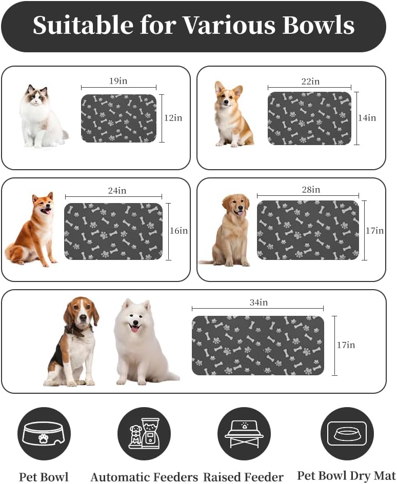 MontVoo Dog Food Mat-Pet Feeding Mat for Food and Water-No Stains Quick Dry Dispenser Cat Bowl Mat for Messy Drinkers(12"x19" Dark Grey)