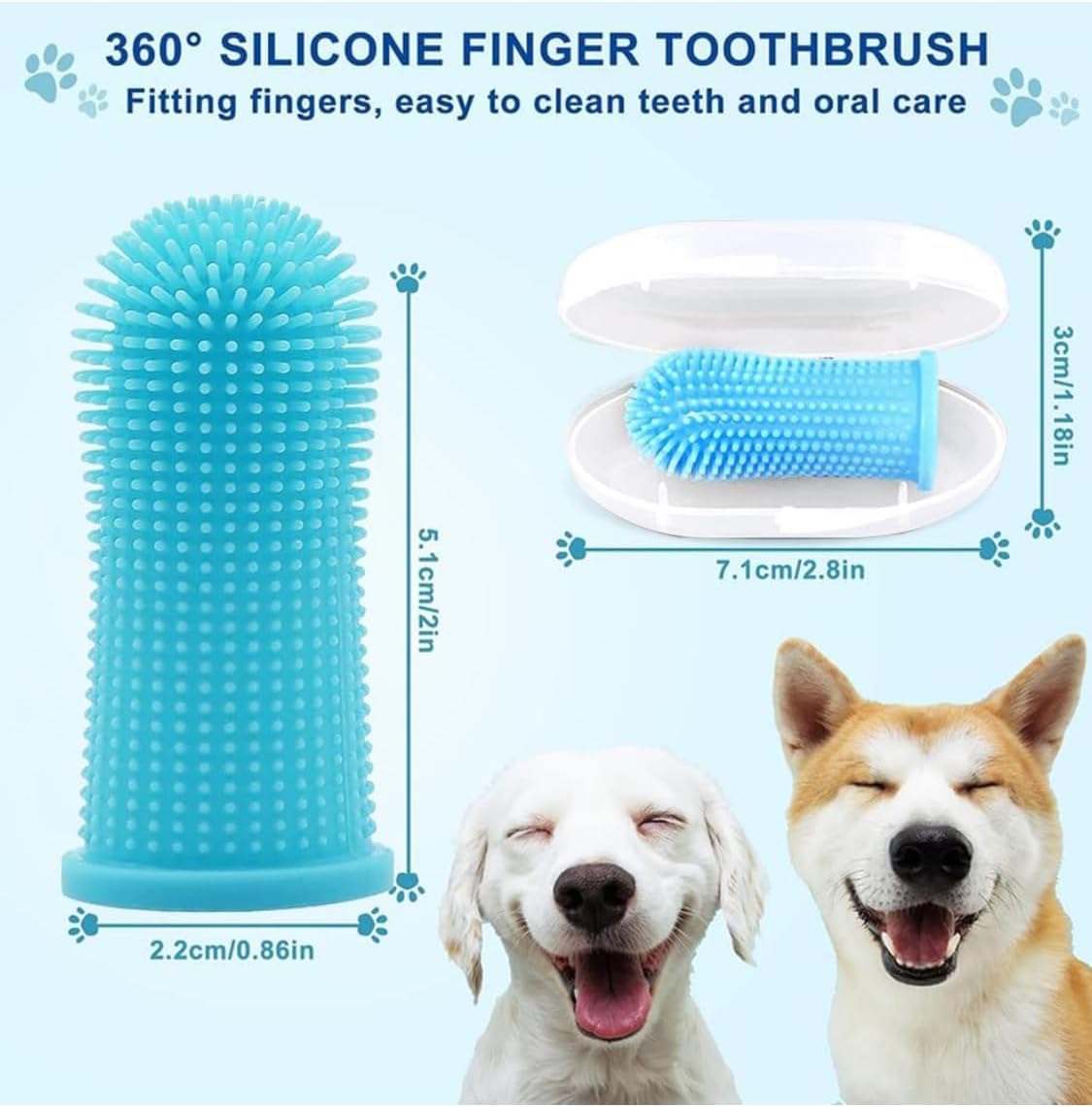 Gomoly Pet Toothbrush, 360 ° Dog Tooth Cleaning Set, Cat Finger Cover Toot-hbrush for Cleaning Tongue Coating and Tooth Care, Pet Silicone Finger Cover Toothbrush Set of 2 with Case (Blue),Large