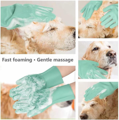 PETLUXE, Pet Grooming Gloves for Dogs & Cats, Silicone Deshedding Brush, Gentle Fur Remover, Bathing & Massage Gloves. 3 Colors Variation (Green)