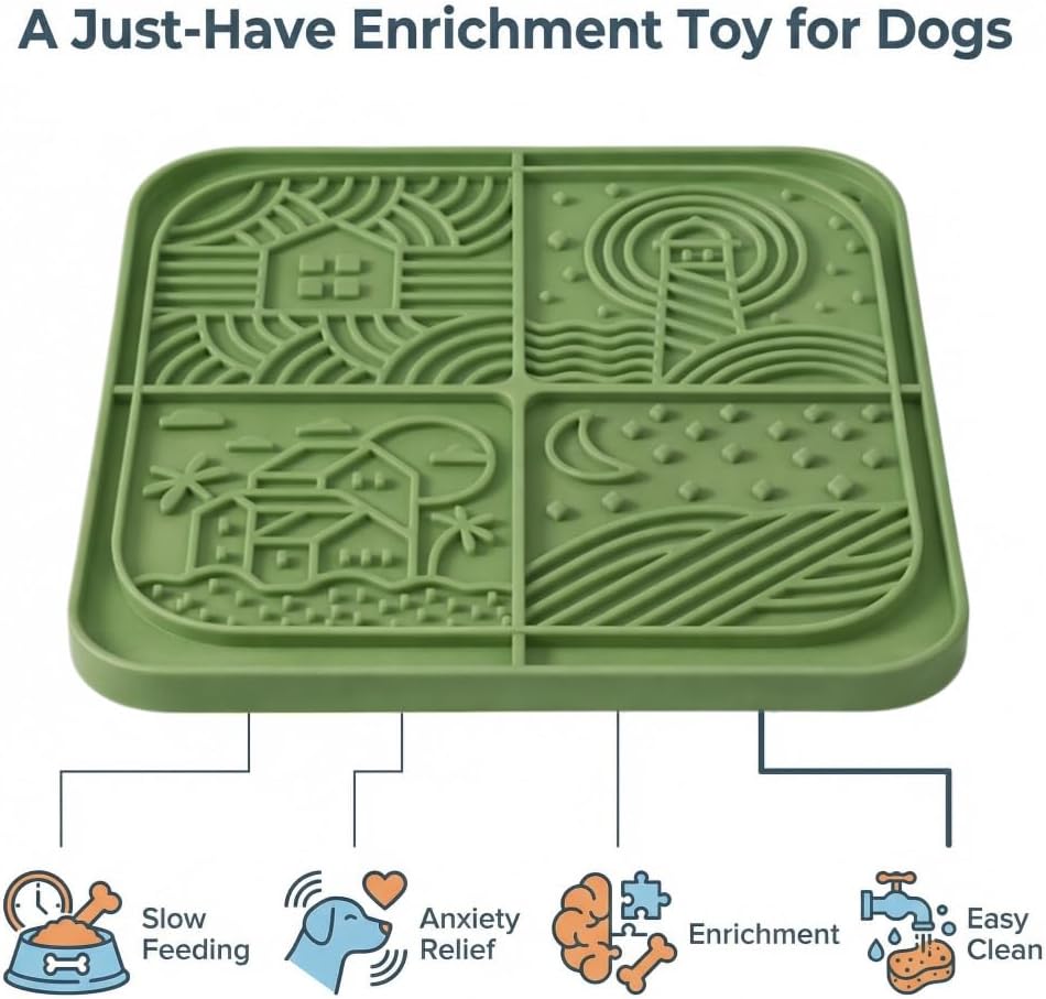 Dog Lick Mat with Suction Cups, 4-Texture Enrichment Slow Feeder for Dogs & Cats, Non-Slip Silicone Licking Pad for Anxiety Relief, Bathing & Training (Green)