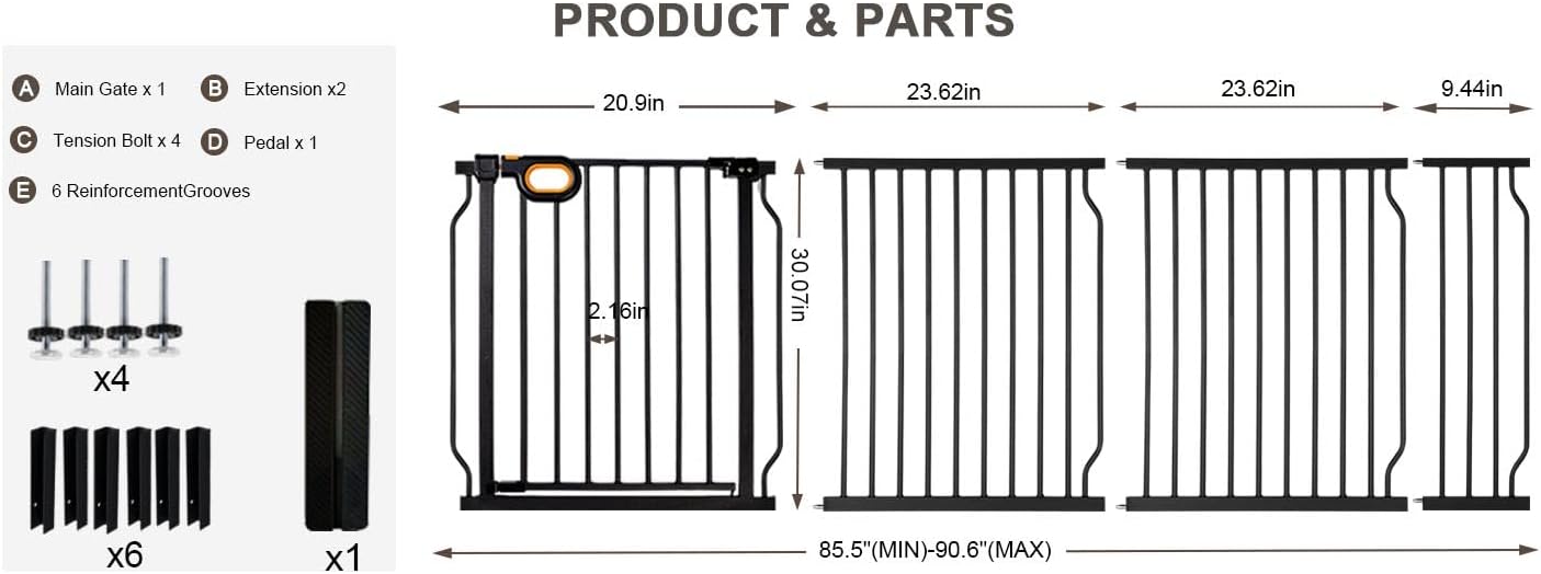 Baby Gates Extra Wide for Doorways 90.6-95.2 Inch Extra Wide Pressure Mounted Baby Dog Gate for the House Indoor Large Openning Metal Safety Gate No Drilling with Walk-Through Door,Black