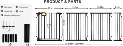 Baby Gates Extra Wide for Doorways 90.6-95.2 Inch Extra Wide Pressure Mounted Baby Dog Gate for the House Indoor Large Openning Metal Safety Gate No Drilling with Walk-Through Door,Black