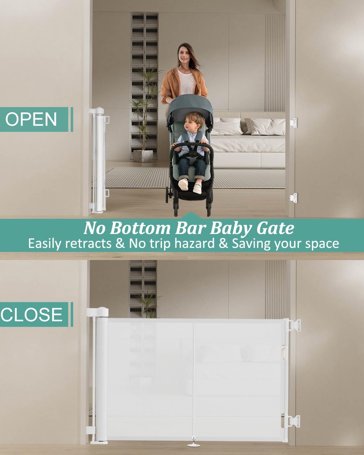 Miumoon 150 inch Retractable Baby Gates 42 inch Tall, Retractable Gate with Reinforced Strip Design to Prevent Crawling Through, 12 FT Extra Wide Retractable Dog Gate for Indoor/Outdoor