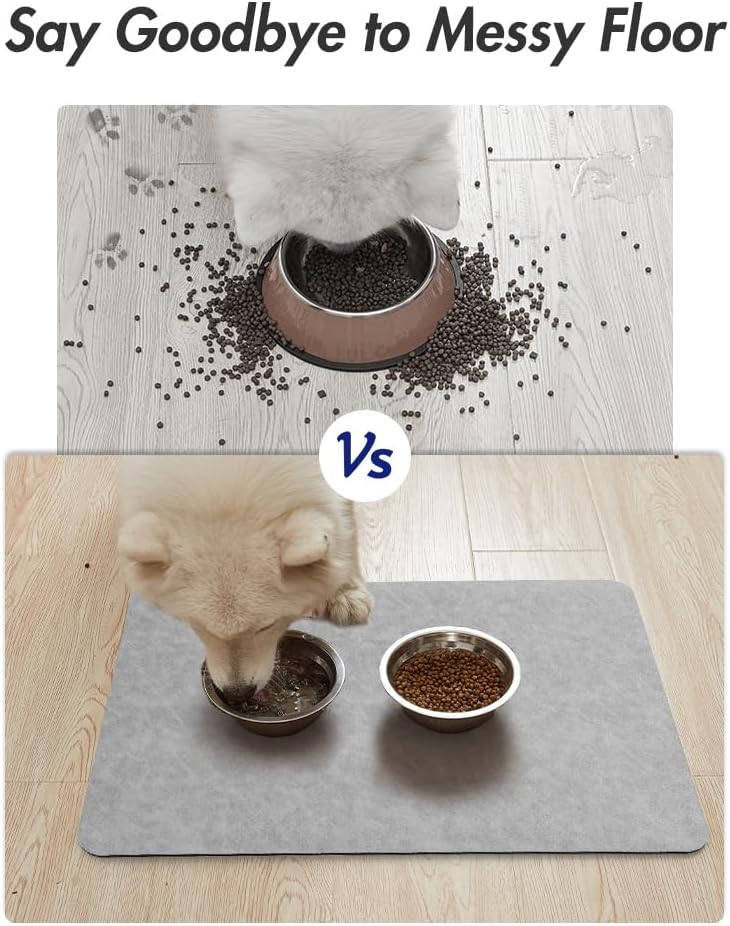 MontVoo Dog Food Mat-Pet Feeding Mat for Food and Water-No Stains Quick Dry Dispenser Cat Bowl Mat for Messy Drinkers(12"x19" Dark Grey)