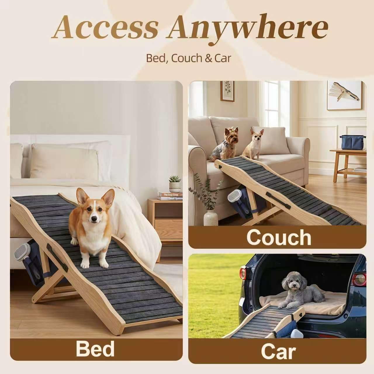 2026 Upgraded Dog Ramp for Couch & Low Bed, 33" L Folding Wood Pet Ramp 200LB Capacity, 4-Level Adjustable Height 11"-20", Non-Slip Sturdy Puppy Ramp for Small & Senior Dogs, Joint Relief, Wavy Design