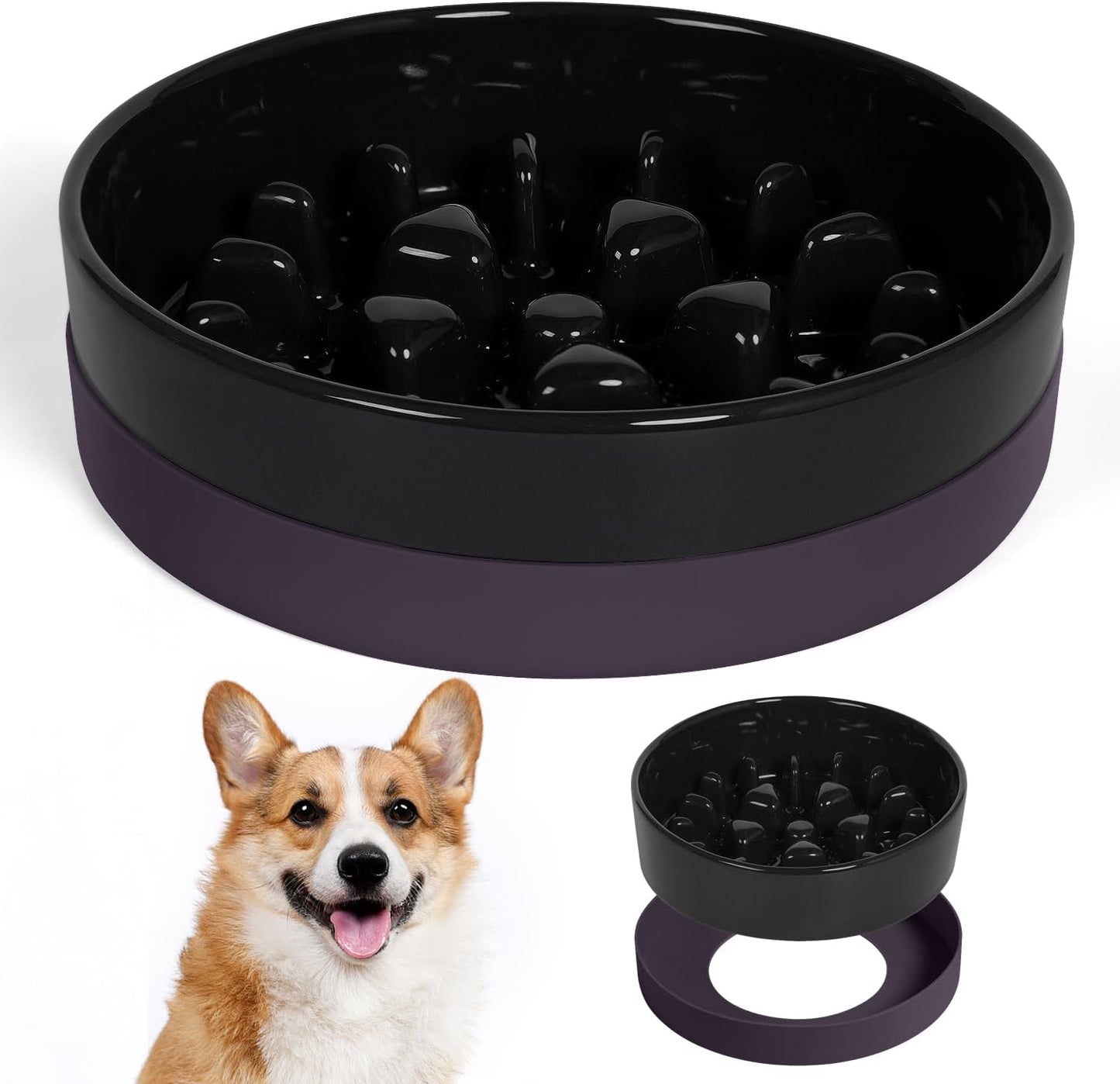 Sted Ceramic Slow Feeder Dog Bowls for Medium Large Breed, Slow Feeding Dog Bowl, Dogs Food Bowls for Fast Eaters, Puzzle Dogs Food Bowl with Silicone Base, Maze Black