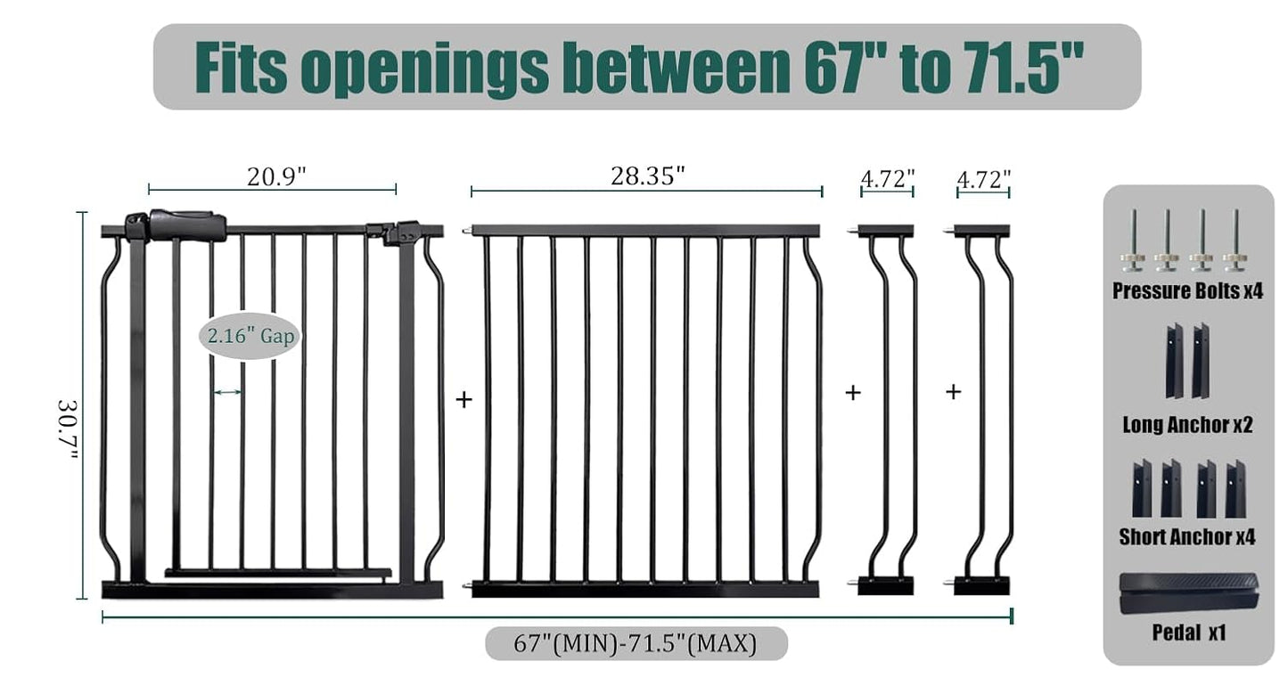 Extra Wide Baby Gate 85.8-90.5" Dog Gate Indoor Pressure Mounted No Drill Safety Gate for Large Entries, Kitchen,Stairs & Doorways, Black Metal Indoor Pet Gate for Kids & Dogs