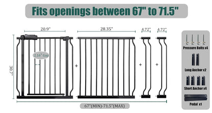 Extra Wide Baby Gate 85.8-90.5" Dog Gate Indoor Pressure Mounted No Drill Safety Gate for Large Entries, Kitchen,Stairs & Doorways, Black Metal Indoor Pet Gate for Kids & Dogs