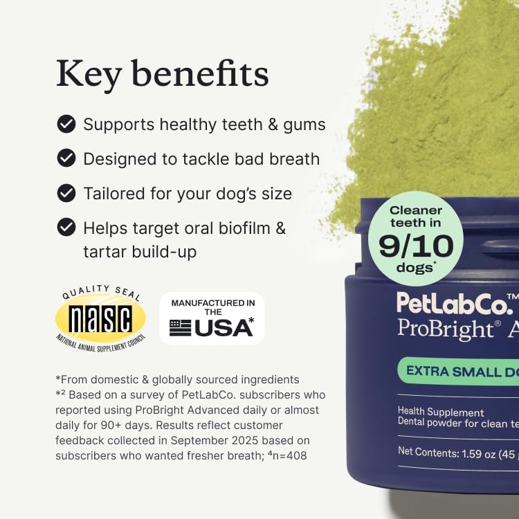 PetLab Co. ProBright Advanced Dental Powder - Dog Breath Freshener - Teeth Cleaning Made Easy – Targets Tartar & Bad Breath - Packaging May Vary - Formulated for Small Dogs