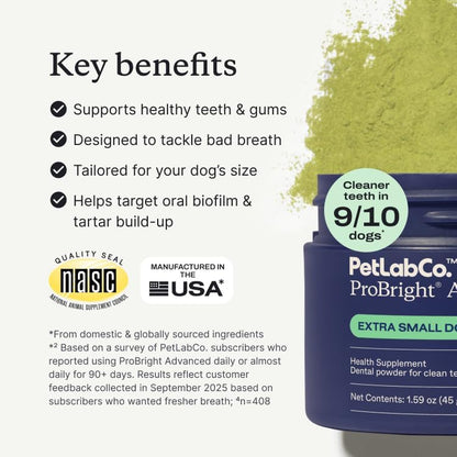 PetLab Co. ProBright Advanced Dental Powder - Dog Breath Freshener - Teeth Cleaning Made Easy – Targets Tartar & Bad Breath - Packaging May Vary - Formulated for Small Dogs