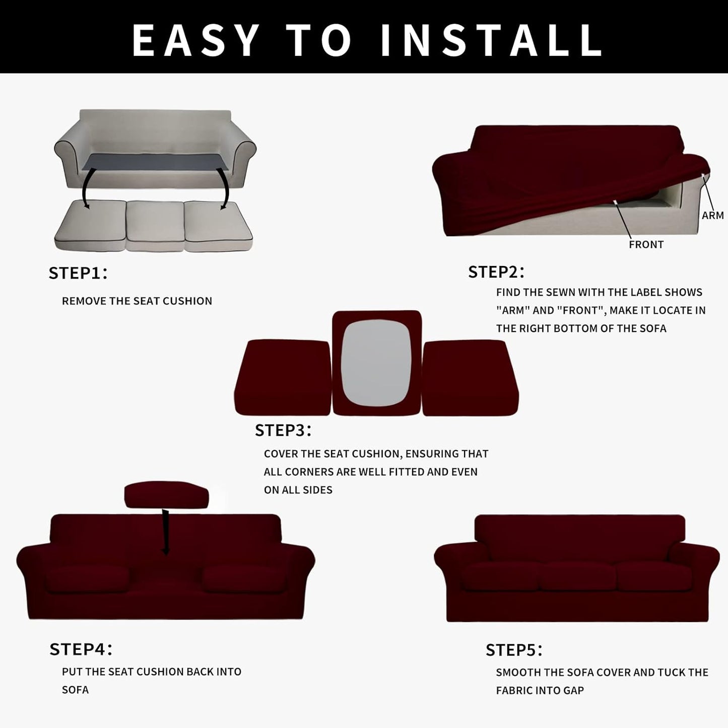 Easy-Going 100% Dual Waterproof 4 Pieces Stretch Soft Couch Cover for Dogs, Sofa Slipcover for 3 Separate Cushion Couch Leakproof Furniture Protector for Kids, Pets Dark Gray