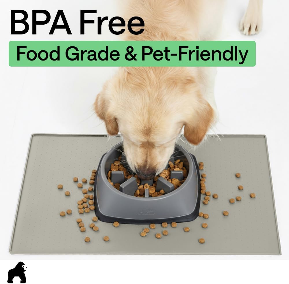 GORILLA GRIP 100% Waterproof Raised Edge BPA Free Silicone Pet Feeding Mat, Dog Cat Food Mats Contain Spills Protects Floors, Placemats for Cats and Dogs Water Bowl, 18.5x11.5, Gray