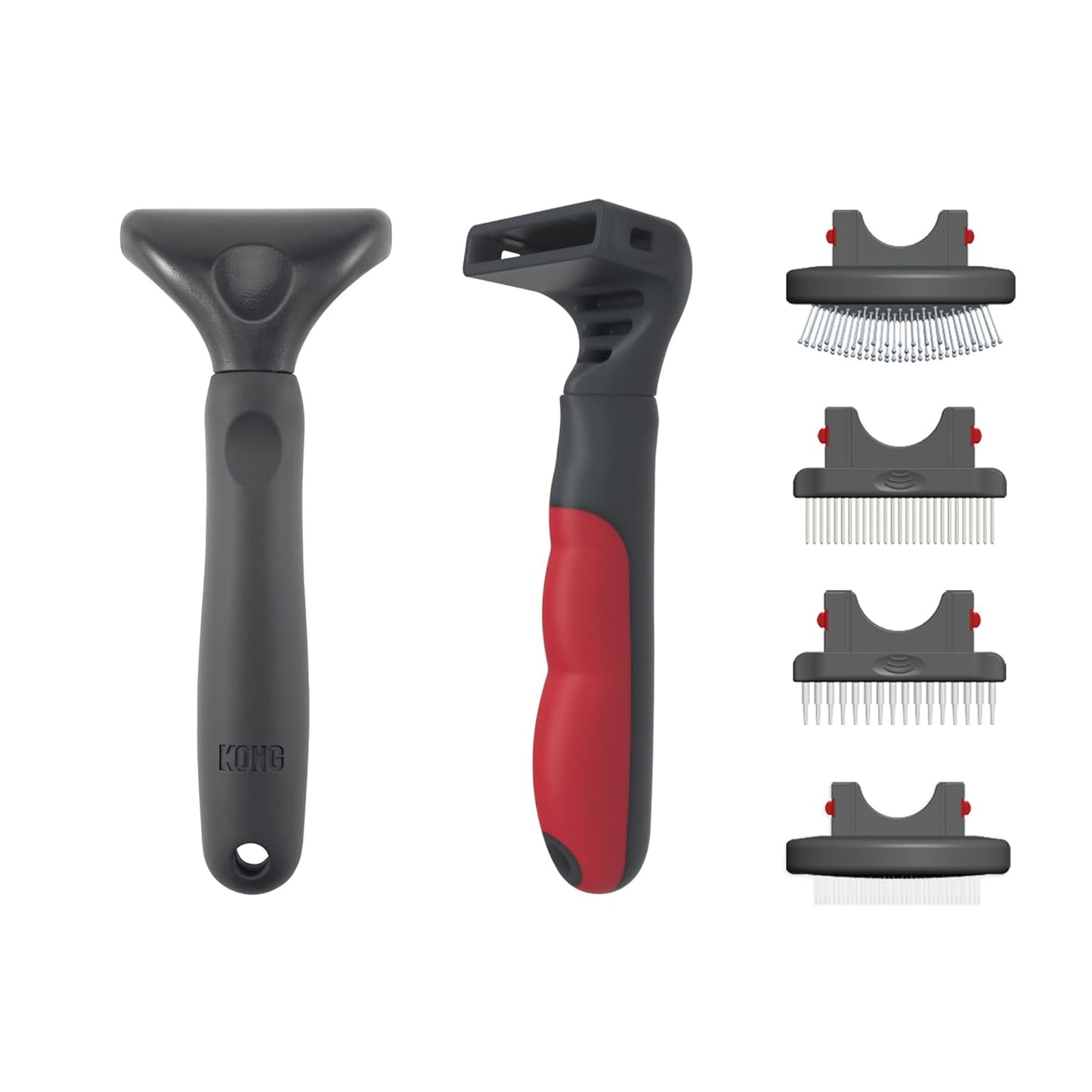 KONG Double-Sided Rake & Deshedding Tool – Detangling & Shedding Control, Rounded Metal Tips, Non-Slip Grip, for Medium to Large Dogs with Medium to Long Coats, Red/Gray