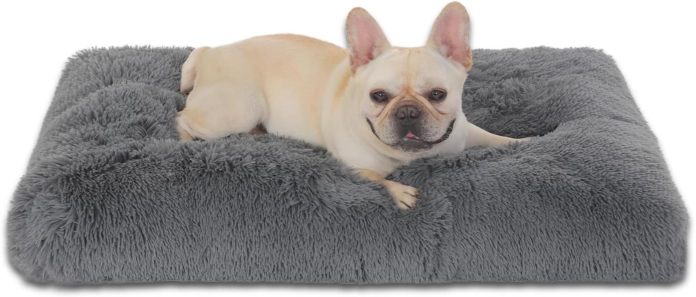 Bedfolks Waterproof Dog Crate Bed, Plush With Removable Washable Cover, Faux Fur Crate Pad for Medium Dogs, Fluffy Kennel 29"x21", Dark Grey